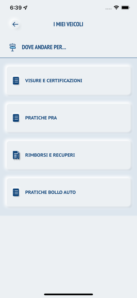 ACI Space app interface showing administrative options for vehicle certifications and car tax procedures