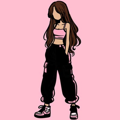 girl in baggy pants crop top and long hair