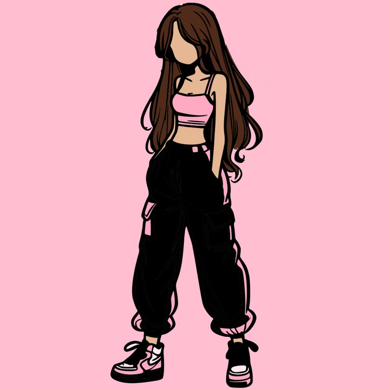 girl in baggy pants crop top and long hair
