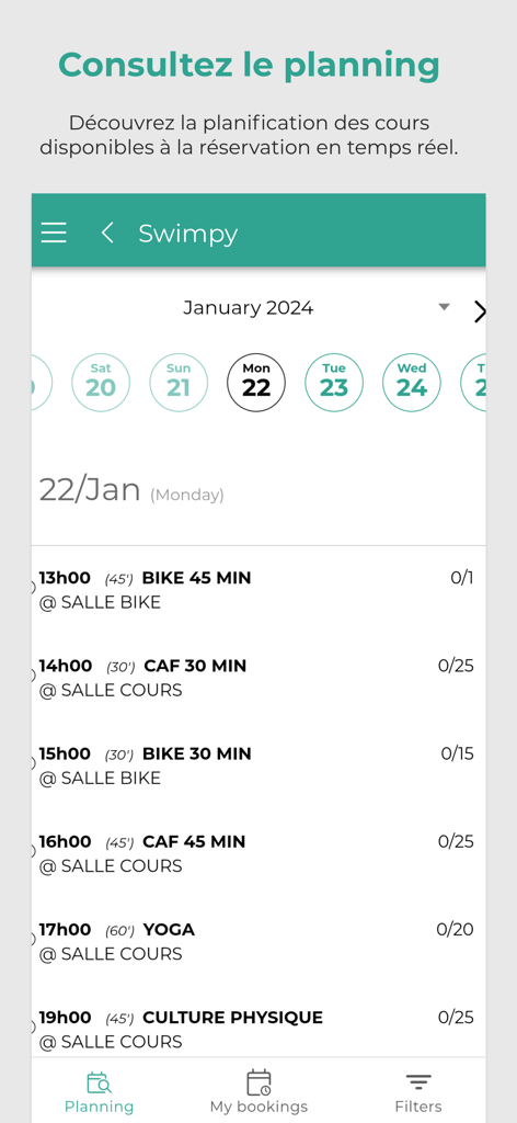 Swimpy - Swimpy app interface showing a list of fitness classes and a calendar for booking sessions