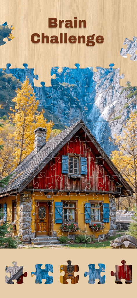 Jigsaw Puzzle: Magic Game - Un puzzle de rompecabezas digital de una acogedora cabaña de montaña en un paisaje otoñal con el texto Desafío Mental