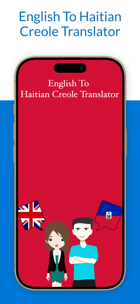 English To Haitian Creole Tran - Welcome screen of the English to Haitian Creole Translator app showing cartoon characters and flags representing both languages