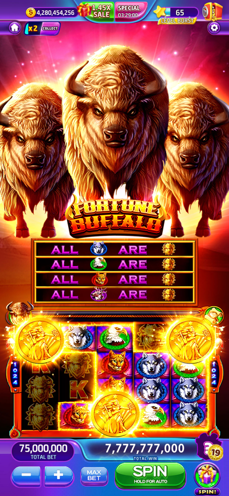 Lava Slots™- Casino Games - Jugabilidad de la máquina tragaperras Fortune Buffalo en la aplicación Lava Slots mostrando una visualización de una gran victoria