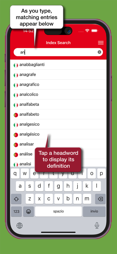 Index search screen of the Dizionario Portoghese Hoepli app showing matching dictionary entries and flags