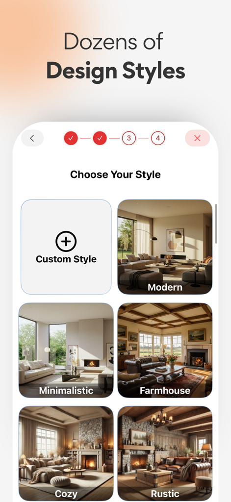 AI Home Design: Interior ARCAI - Tela do aplicativo mostrando várias opções de estilo de design de interiores, incluindo farmhouse moderno e rústico
