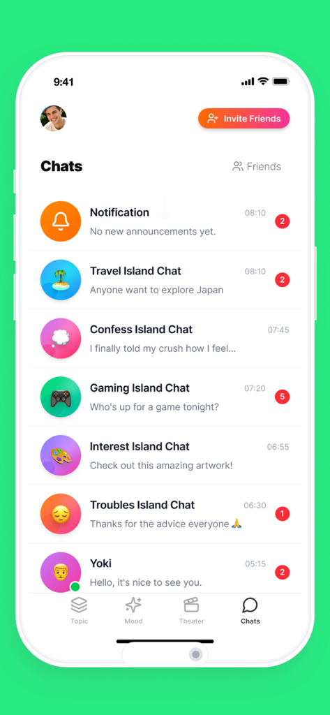 Reso – Stories & Community - Interfaz de la aplicación Reso que muestra una lista de grupos de chat por interés e islas de la comunidad.