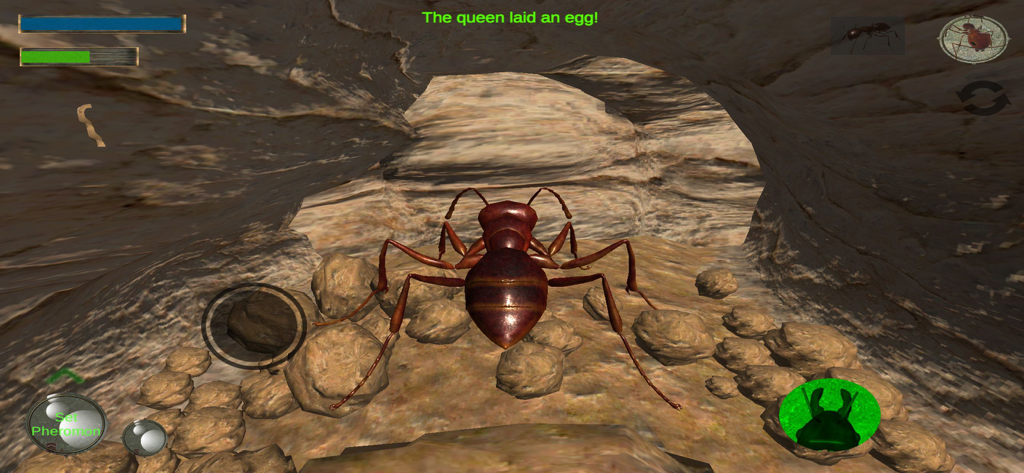 Ant Simulation 3D - Uma grande formiga marrom em um ninho subterrâneo 3D com elementos de interface de jogo e a mensagem A rainha botou um ovo