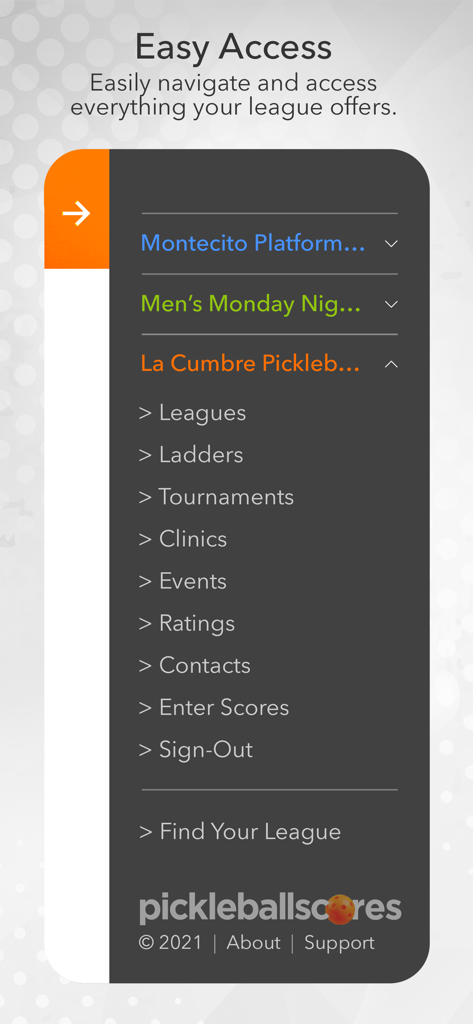 Tenniscores - Navigation sidebar of the Tenniscores app showing menu options for leagues ladders and tournaments