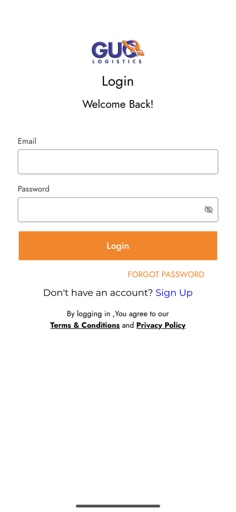 GUO Logistics - Login page of the GUO Logistics mobile app with email and password input fields