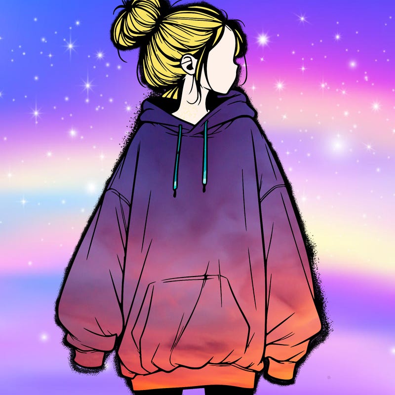 realistic girl with a oversized sweatshirt on and a bun