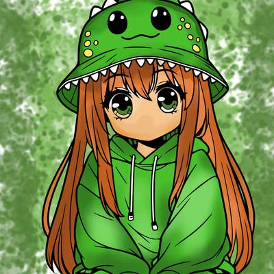 girl with anime shaped eyes with a dinosaur bucket hat oversized sweatshirt long straight hair