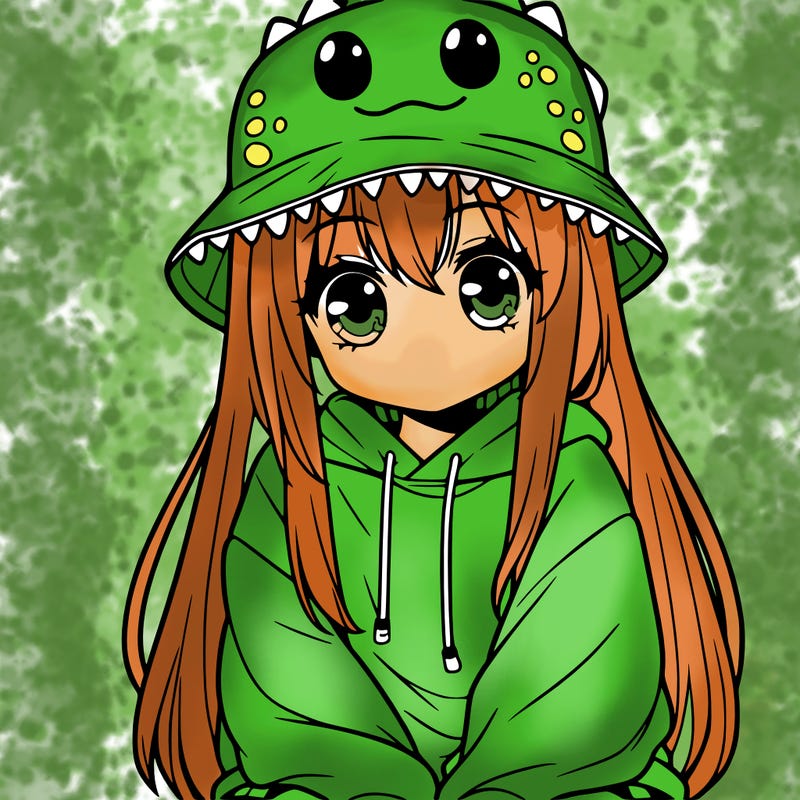 girl with anime shaped eyes with a dinosaur bucket hat oversized sweatshirt long straight hair