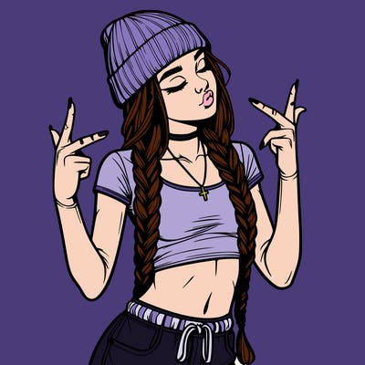 realistic teenage girl with braids and a beanie and crop top doing 🫶🏼