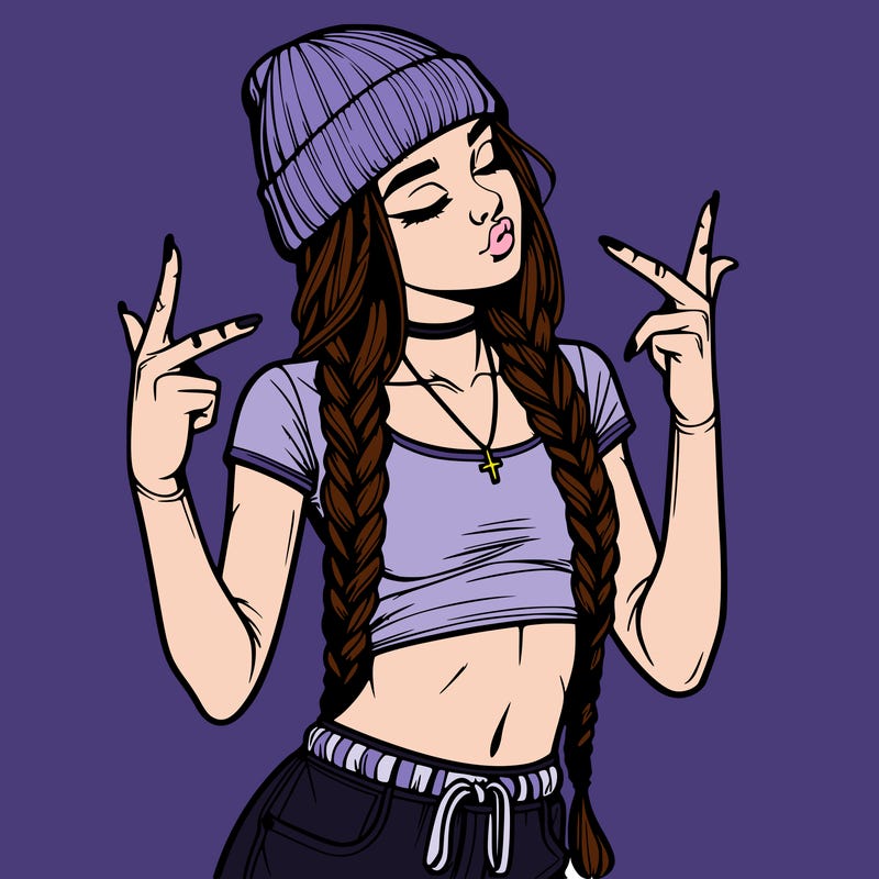 realistic teenage girl with braids and a beanie and crop top doing 🫶🏼