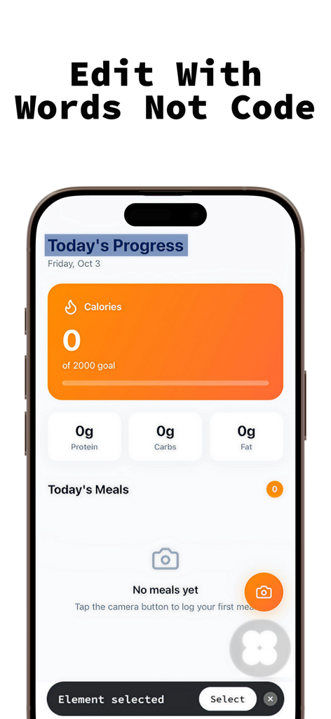 Pantalla de smartphone mostrando una interfaz de aplicación de fitness que se está editando usando indicaciones de lenguaje natural en lugar de código
