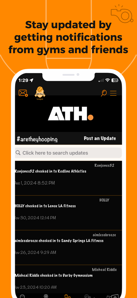 ATH - Pickup Basketball App - ATH app interface showing real time player check ins at local basketball courts