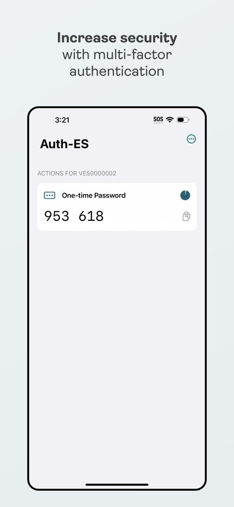 Mobile Authenticator ES. - Mobile Authenticator ES app displaying a one-time password code for multi-factor authentication