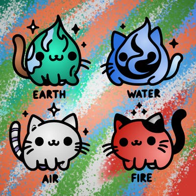 4 cats that represent the different elements, earth, water, air, and fire