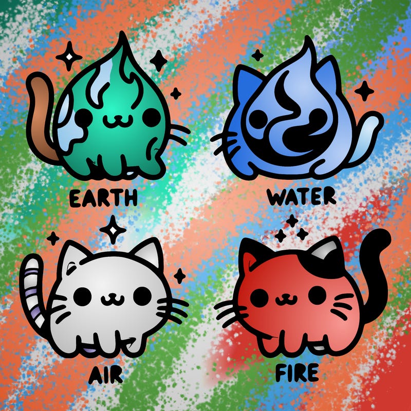 4 cats that represent the different elements, earth, water, air, and fire