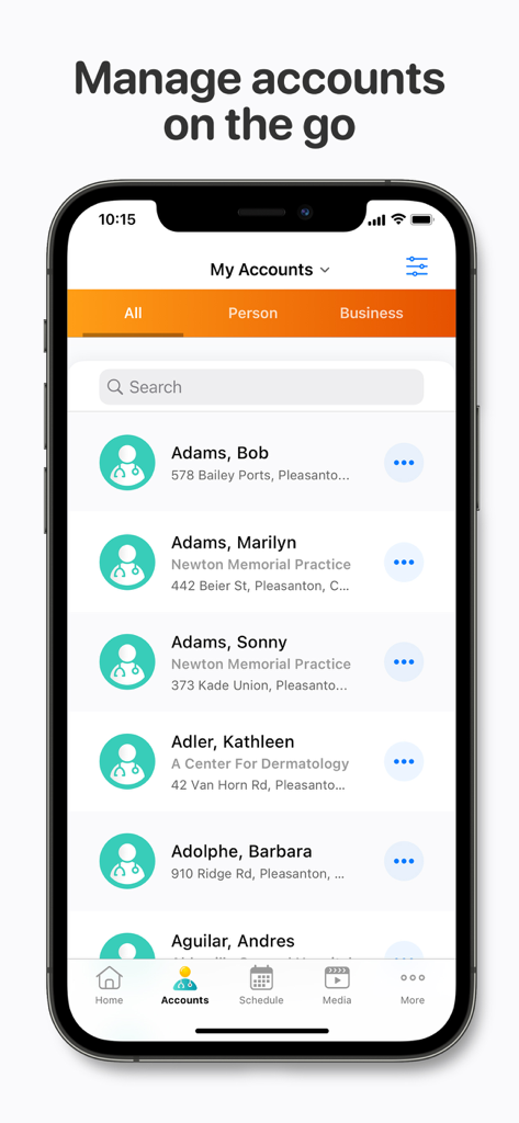 Veeva CRM mobile app interface displaying a list of healthcare professional accounts for easy management on the go