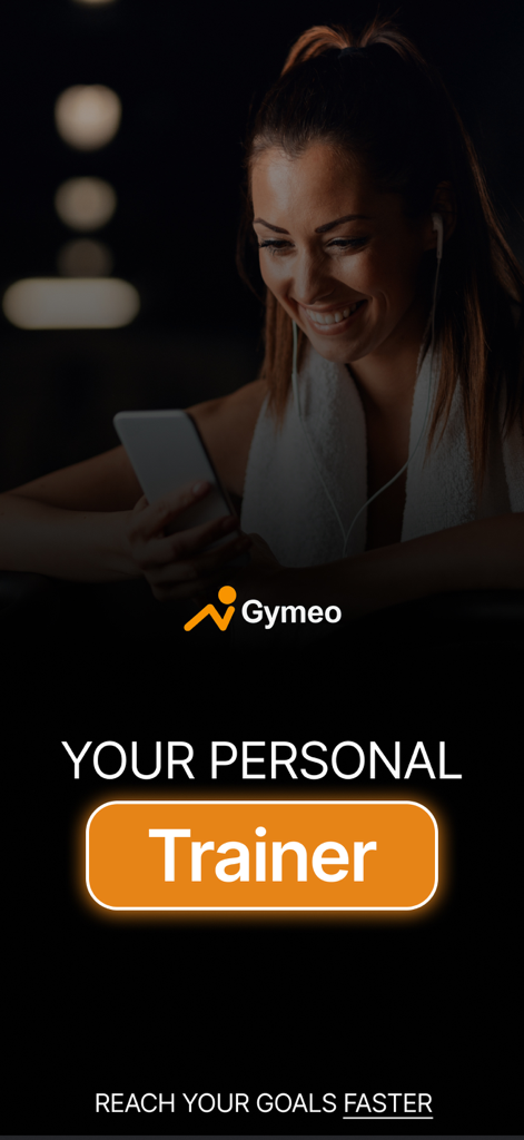 A woman smiling while using the Gymeo AI personal trainer app at the gym