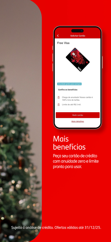 Smartphone mostrando la pantalla de la aplicación Banco Santander Brasil para solicitar una tarjeta de crédito Visa gratuita sin cuota anual.
