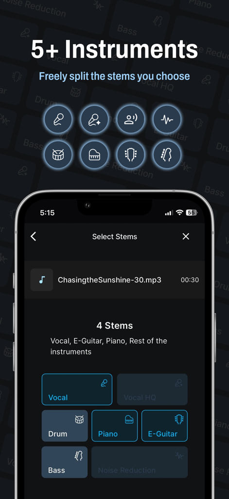 Gaudio Studio: AI Separator - Gaudio Studio app interface showing AI stem separation options for vocals, drums, piano, guitar, and bass.