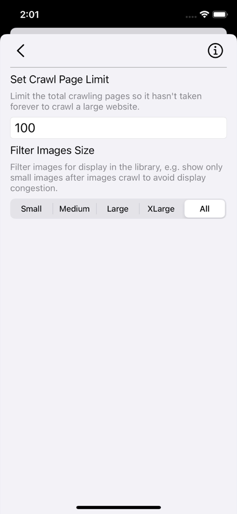 Images Crawler app settings screen showing page crawl limit and image size filter options.