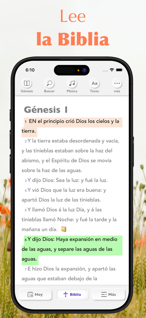 Santa Biblia Reina Valera 1960 - Captura de pantalla de iPhone de la aplicación Santa Biblia Reina Valera 1960 mostrando el capítulo 1 de Génesis con versículos resaltados en español