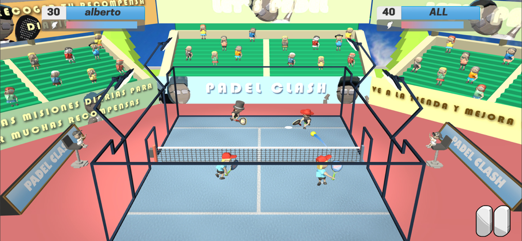 Jugabilidad de un partido de pádel de dobles en Padel Clash con gráficos 3D de dibujos animados en una pista azul