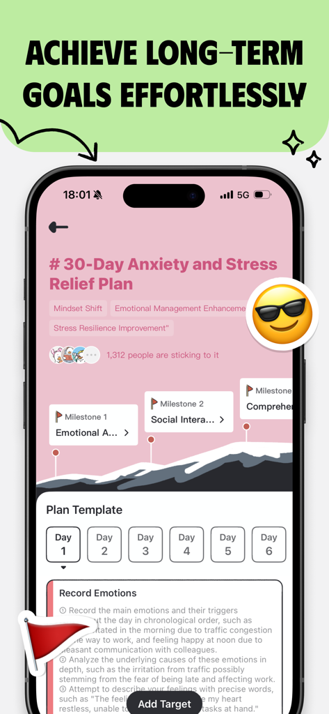 Plan Joy:To-Do List & Reminder - Interface de l'application Plan Joy montrant un plan de soulagement de l'anxiété et du stress sur 30 jours avec des étapes quotidiennes et un suivi des progrès