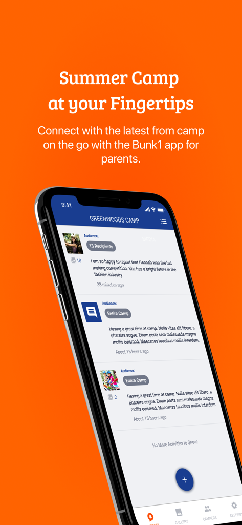 Bunk1 - A smartphone showing the Bunk1 app interface with summer camp updates and notifications for parents.