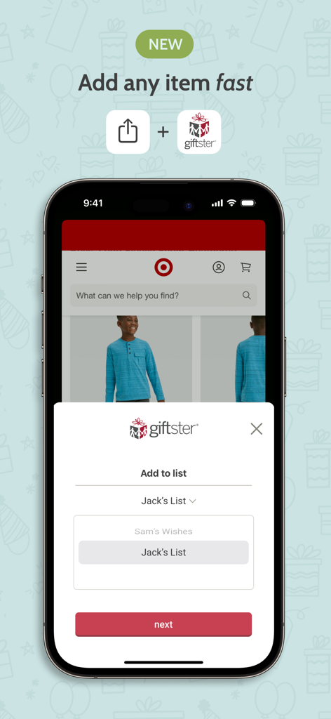 Adding an item from a retail website directly to a Giftster wishlist on a mobile device