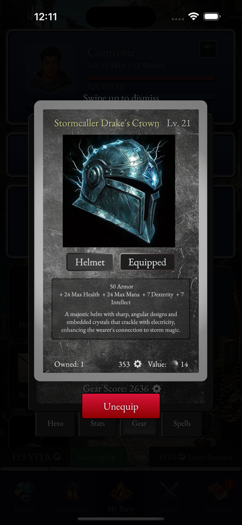 Prado Traveler - Fitness RPG - A detailed view of a level 21 Stormcaller Drakes Crown helmet showing stats and equipment status in Prado Traveler