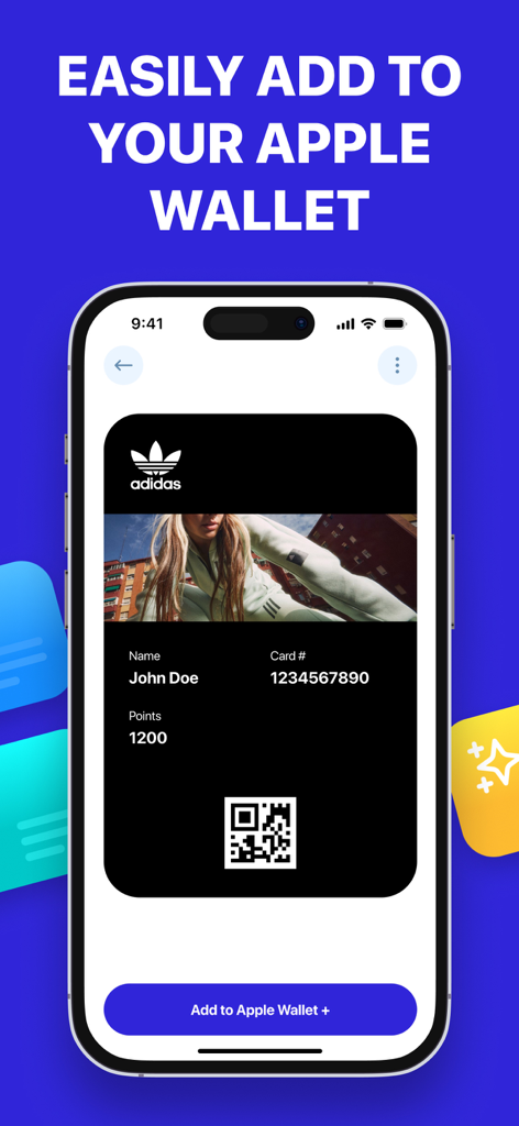 Un smartphone mostrando la interfaz de la aplicación Pass2Wallet con una tarjeta de fidelidad personalizada de Adidas y un botón Añadir a Apple Wallet.