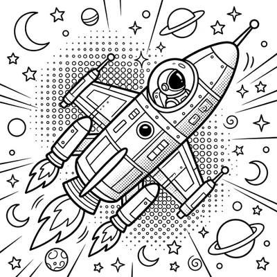 Prepare for an artistic voyage with this captivating Pop Art manned spacecraft coloring page. An adventurous astronaut pilots a boldly outlined rocket through a cosmic scene, offering a unique blend of space exploration and comic book flair.