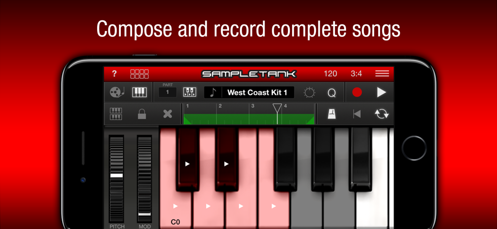 SampleTank app interface for composing and recording music on iPhone