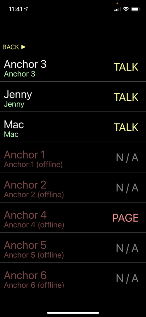Unity Intercom app interface showing a list of team members with active talk status