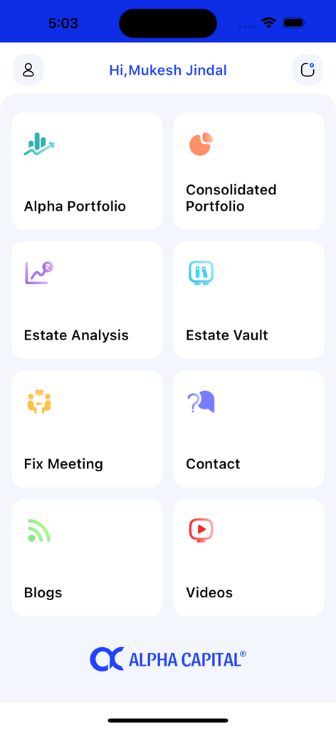 Alpha Capital - Dashboard of the Alpha Capital app showing portfolio tracking and wealth management options
