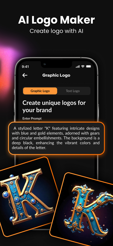 AI Logo Maker & Design Studio - Interfaz de AI Logo Maker mostrando una indicación de texto y logos estilizados resultantes de la letra K