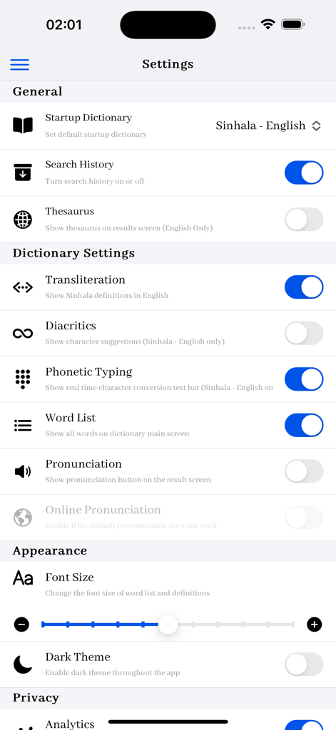 Settings menu of the Sinhala English Dictionary app displaying options for transliteration phonetic typing and font size
