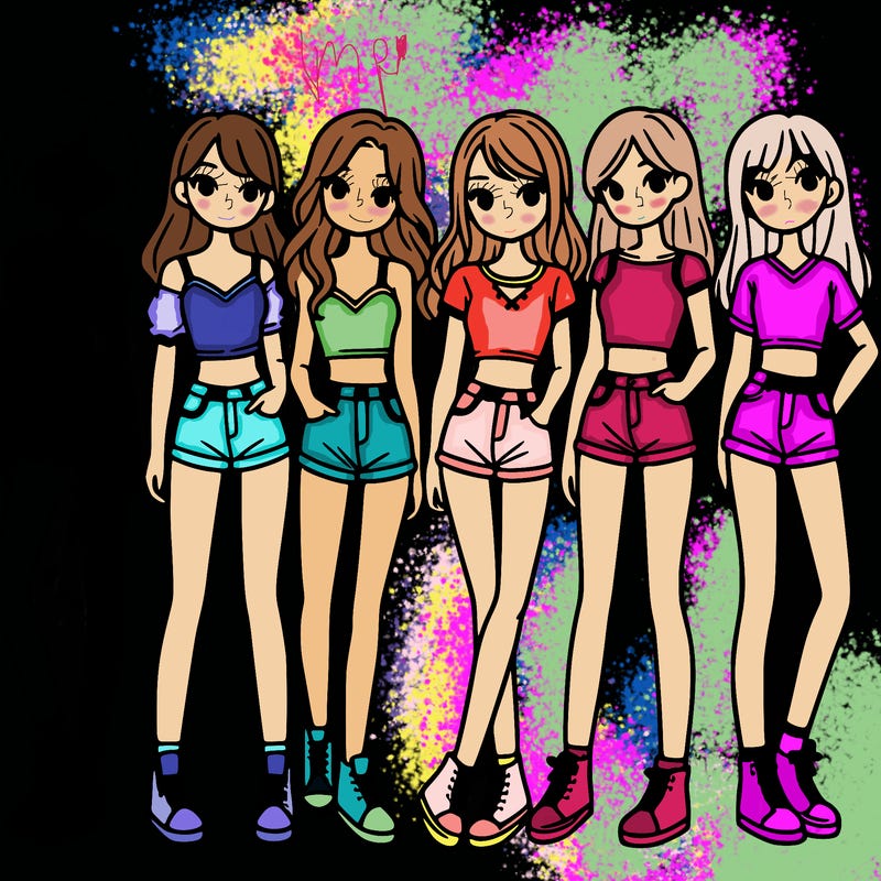 a group of girls wearing crop tops and shorts