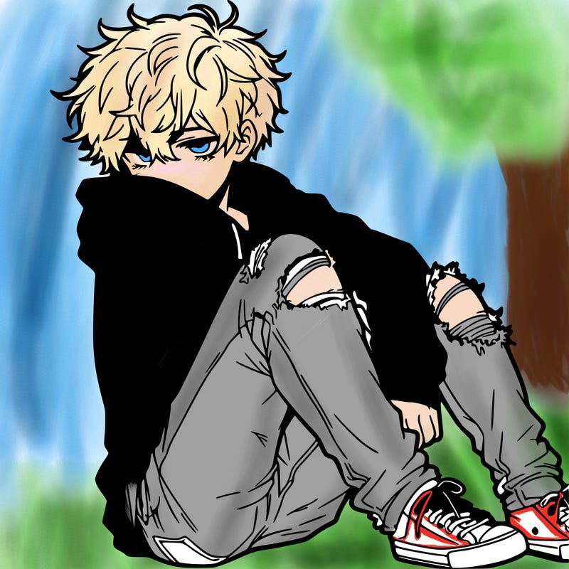 a male hoddie ripped jeans messy hair anime