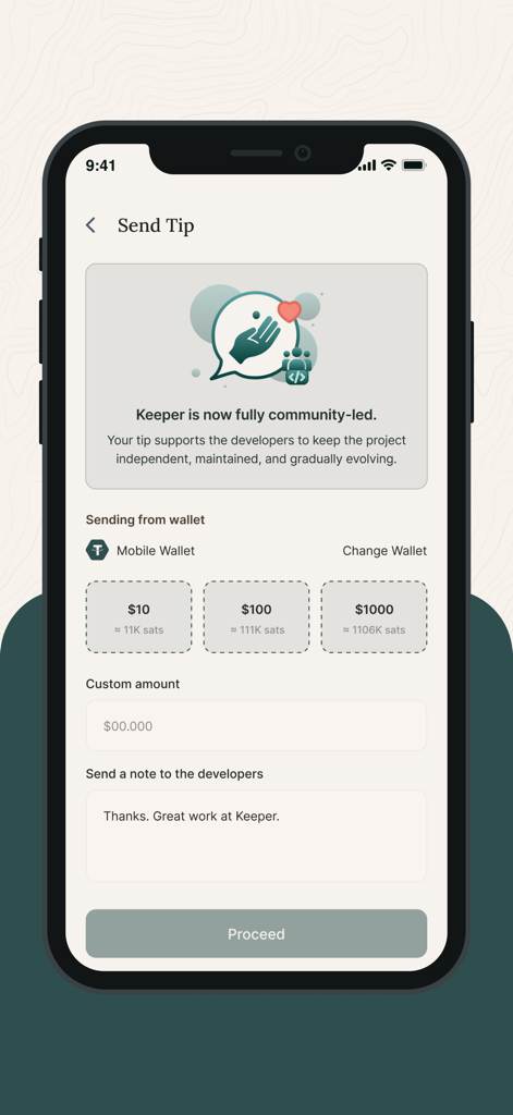 커뮤니티 주도 개발을 지원하기 위해 팁을 보내는 비트코인 키퍼 앱 인터페이스