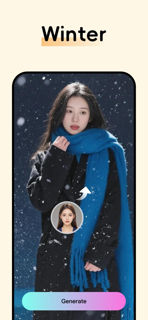 闪秀 - 高颜值写真照片、 一键换装秒出大片 - Interface of the ShanXiu app showing a winter themed AI portrait template with a woman wearing a blue scarf in the snow.