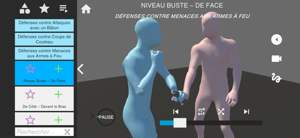 Una simulación de captura de movimiento 3D que muestra una maniobra de defensa personal de Krav Maga contra una amenaza de arma de fuego