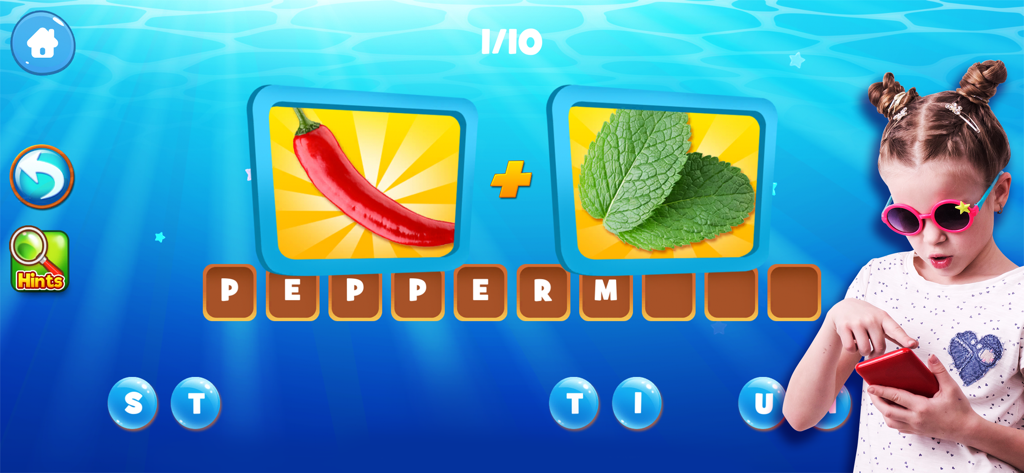 A children educational puzzle game screen showing a compound word puzzle for peppermint with images of a chili pepper and mint leaves