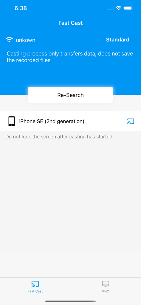 Fast Cast - Screen Mirror - Searching for devices to screen mirror in the Fast Cast app interface.