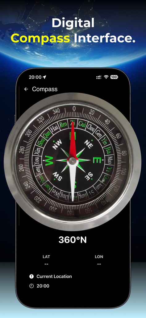 Digital compass interface showing directional headings and coordinates on a mobile device