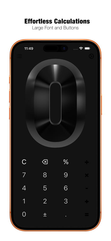 Calculator DE - A minimalist dark theme interface for the Calculator DE app featuring large buttons and a 3D modeled display number.